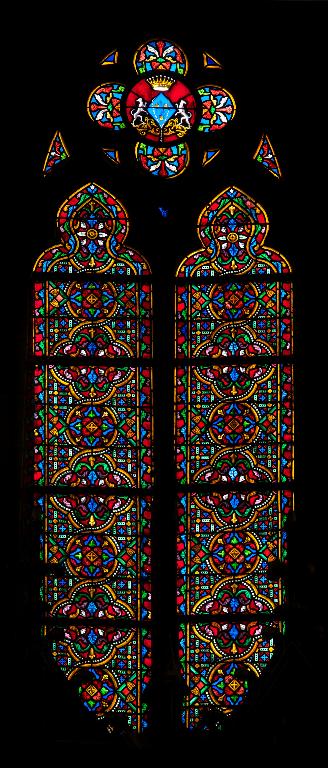 Ensemble des 31 verrières de l'église (verrières à personnages, verrières décoratives) : le Christ bénissant, Sainte Barbe, Saint Éloi, Saint Nicolas, Sainte Catherine (baies 0 à 23, 100 à 106)