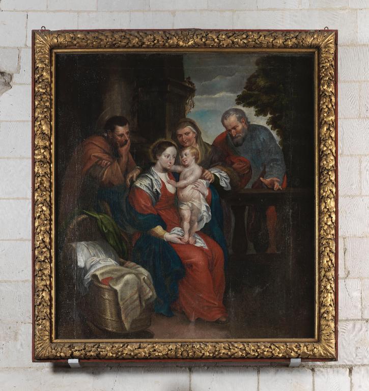 Tableau et son cadre : la Sainte Famille avec sainte Anne et saint Joachim