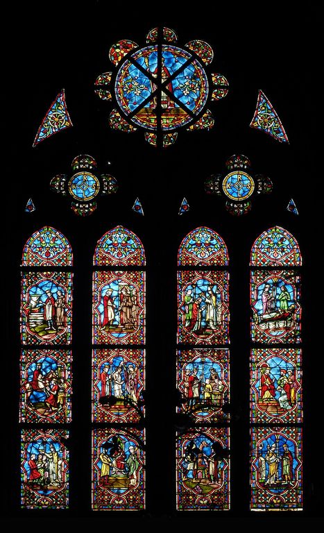 Ensemble de deux verrières figurées de la chapelle du Sacré-Coeur (baies 9 et 11) : vie de saint Remi