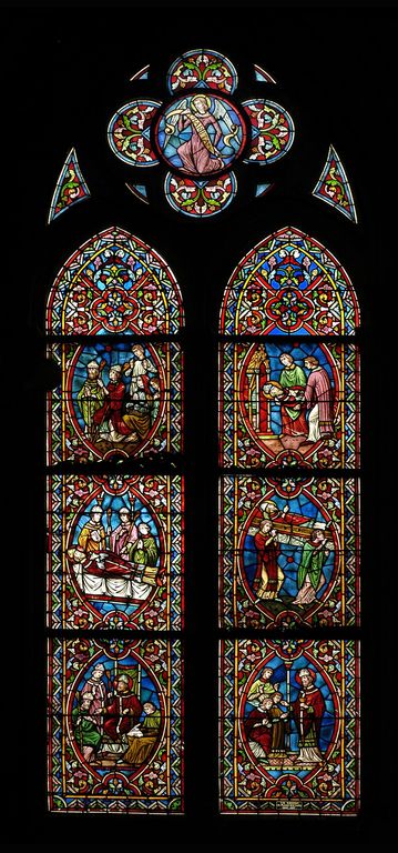 Ensemble de sept verrières figurées du sanctuaire (baies 0 à 6) : Episodes de la vie de saint Remi. Les Vertus théologales et cardinales