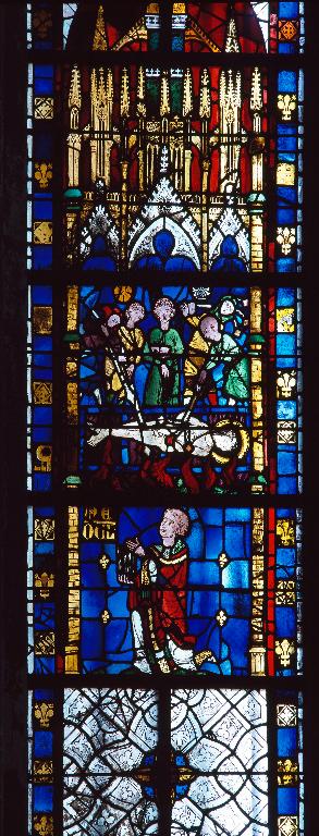 Ensemble de deux verrières hagiographiques : Scènes de la vie de saint Vincent et de la vie de saint Pierre (baies 10 et 14)