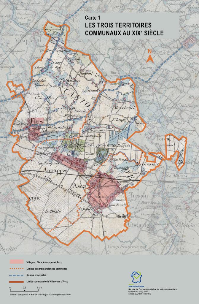 Carte du territoire des trois communes au XIXe siècle.