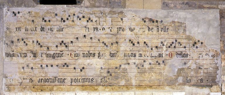 Ensemble des deux peintures monumentales de la clôture de choeur : notations musicales