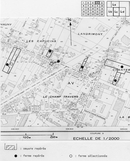 Carte d'enregistrement du repérage des fermes : faubourgs. Extrait du P.C.N. 1974, Noyon-Pont-l'Evêque, coupure 4c, 1/2000e.