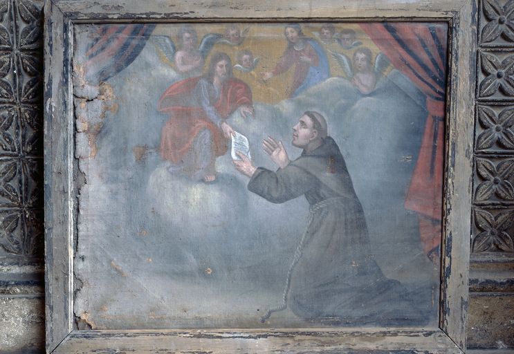 Tableau : le Christ remettant la règle franciscaine à saint François d'Assise