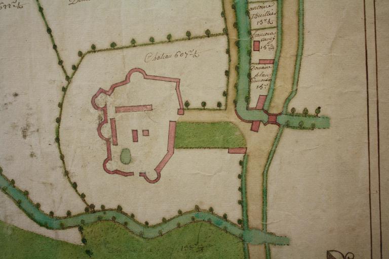 Plan des moulins et du château de Saint-Ouen, 2e moitié du 18e siècle (AD Somme ; 1 E CP 807/1).).
