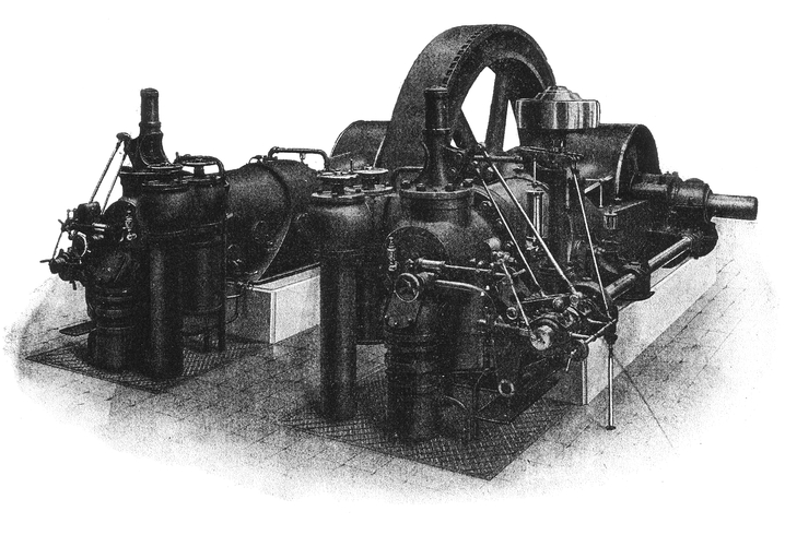 Deux moteurs à pistons à explosion (moteurs à gaz jumelés Winterthur), générateur électromécanique (dynamo Schneider) et alternateur triphasé Schneider