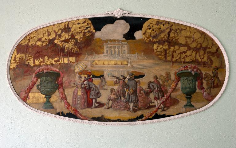 Décor de l'ancienne salle des banquets : Scène galante peinte par Lucien Jonas : La promenade et la conversation dans le parc.