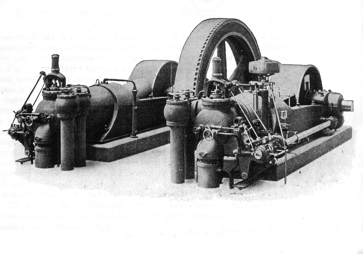 Deux moteurs à pistons à explosion (moteurs à gaz jumelés Winterthur), générateur électromécanique (dynamo Schneider) et alternateur triphasé Schneider