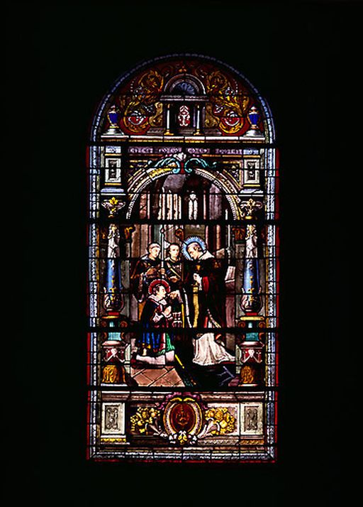 Ensemble de trois verrières à personnages : Saint Louis de Gonzague recevant la première communion des mains de saint Charles Borromée, Sainte Famille, Décollation de saint Jean-Baptiste (baies 0 à 2)