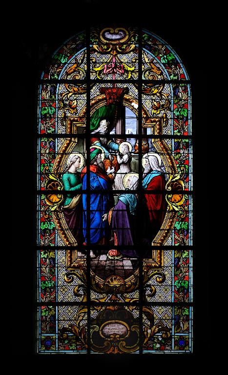 Ensemble de dix verrières figurées décoratives et quatre grisailles décoratives : Présentation de Marie au Temple, Présentation de Jésus au Temple, Saints (baies 1 à 14)