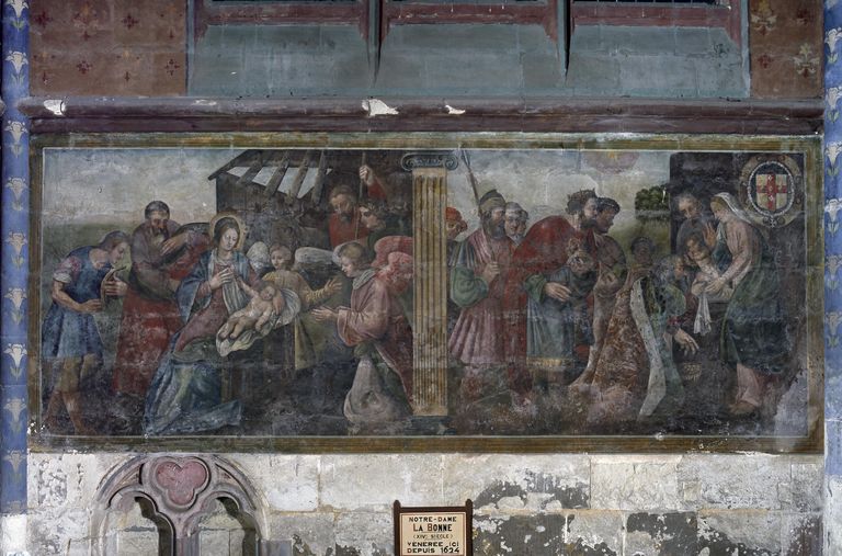 Peinture monumentale du mur sud de la chapelle Notre-Dame-de-Labon (décor intérieur) : Adoration des bergers, Adoration des mages