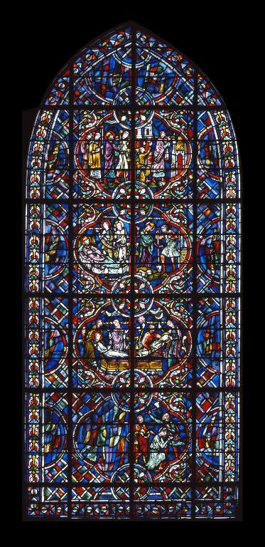 Verrière légendaire (vitrail archéologique, verrière hagiographique) : scènes de l'histoire de saint Gervais et saint Protais (baie 16)