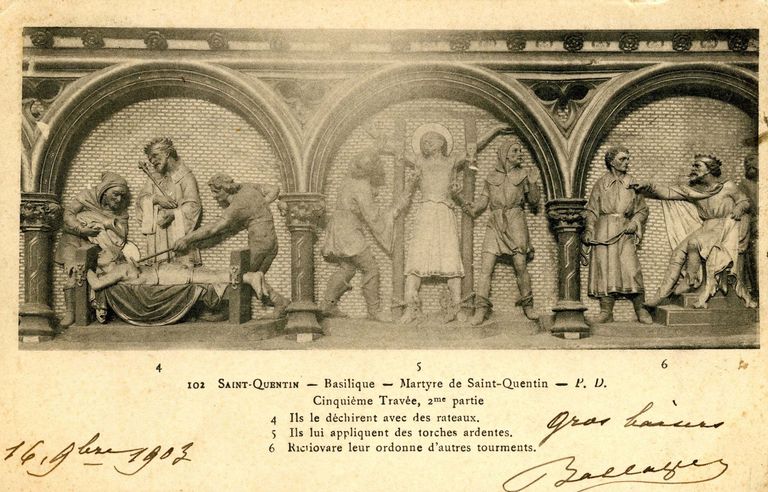 Suite des onze reliefs, de style néogothique, de la clôture de choeur : Apostolat et martyre de saint Quentin, invention et culte de ses reliques (seconde série)