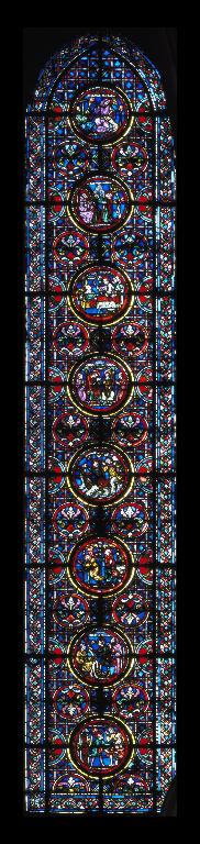 Verrière légendaire (vitrail archéologique, verrière hagiographique) : scènes de l'histoire de saint Gilles (baie 10)