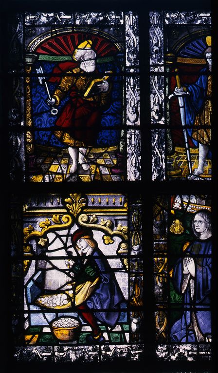 Verrière (verrière figurée ; verrière à personnages) : Saint Pierre ; saint Paul ; monnayeur ; couple de donateurs