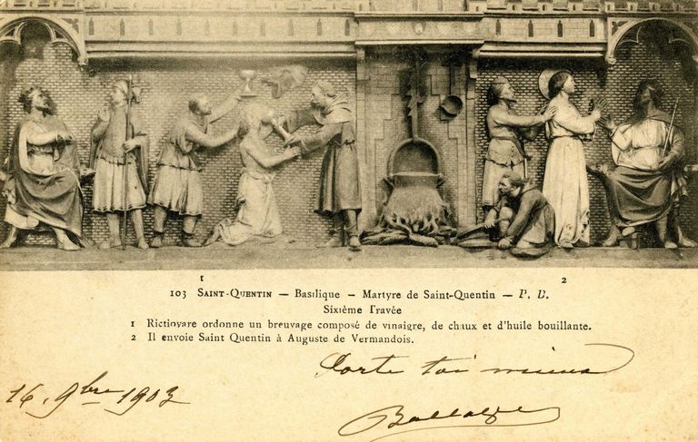 Suite des onze reliefs, de style néogothique, de la clôture de choeur : Apostolat et martyre de saint Quentin, invention et culte de ses reliques (seconde série)