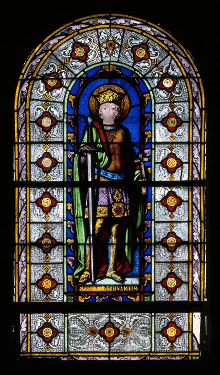 Ensemble de trois verrières figurées décoratives (verrières à personnages) : saint Augustin, sainte Adélaïde, saint Ferdinand (baies 3, 5 et 7)