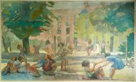 Décors peints de l'ancien cloître : Scènes de cour d'école, huiles sur toile de Raymond Tellier.