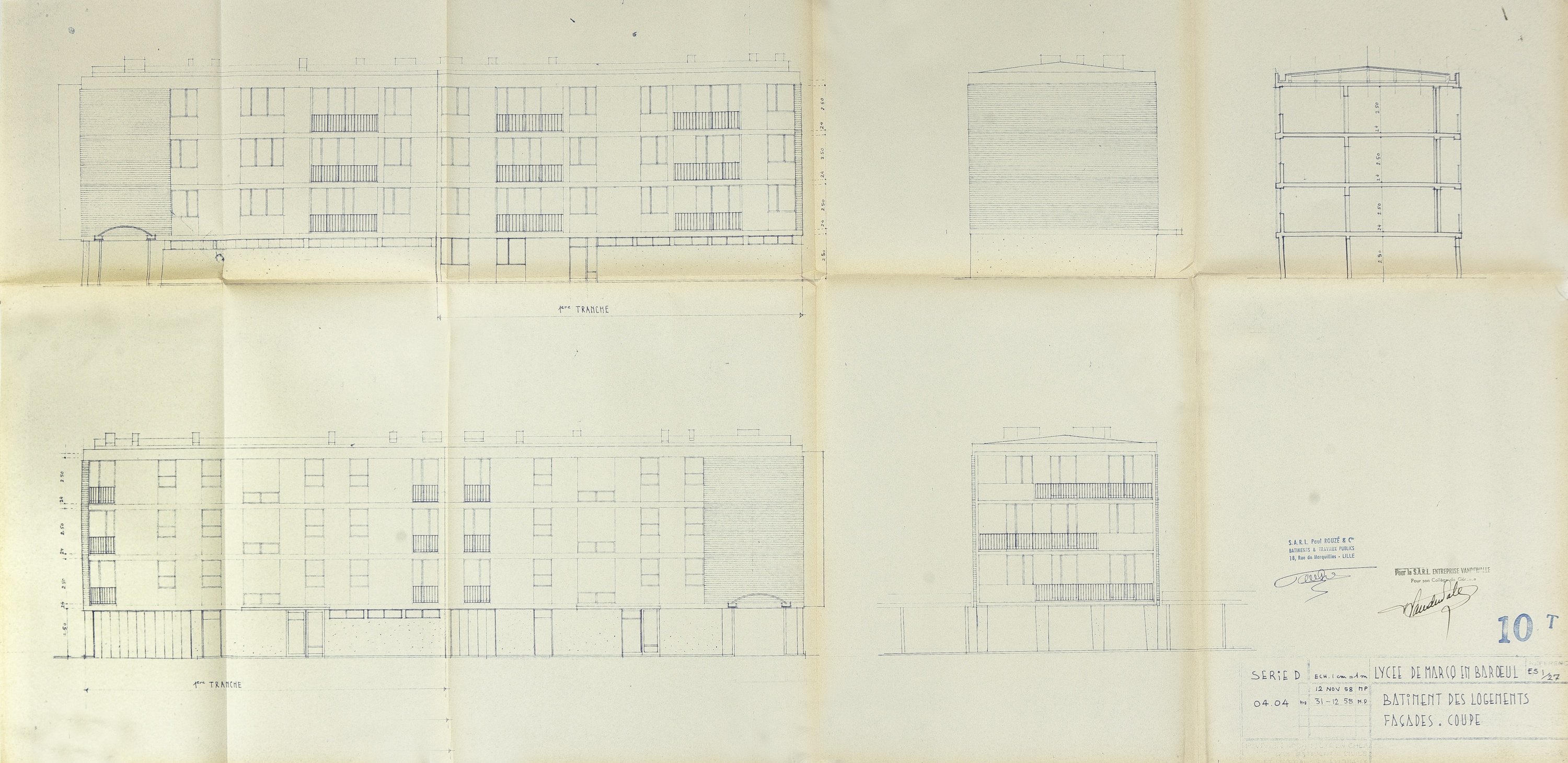 Elévations des façades des logements de fonction de la cité scolaire Yves Kernanec à Marcq en Baroeul, 1958.