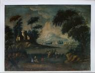 Ensemble de 3 dessus-de-porte du salon de compagnie : Paysages avec personnages