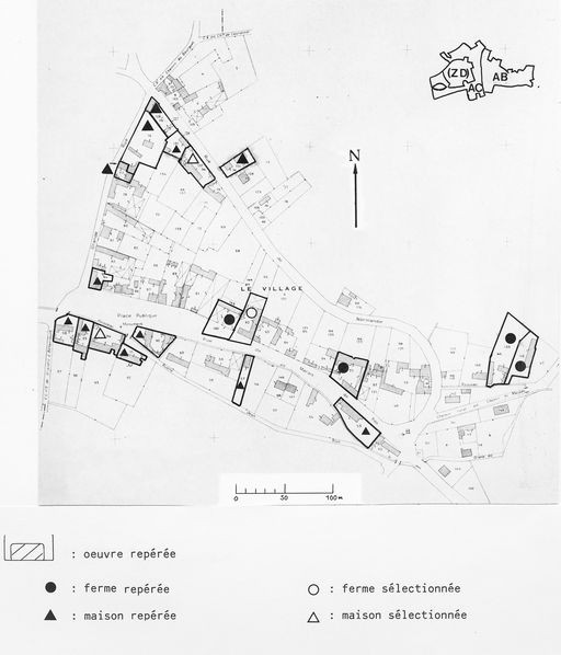 Carte d'enregistrement du repérage des maisons-fermes. Extrait du plan cadastral de 1978, section AB, 1/1000e.