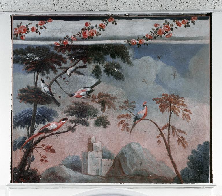 Paire de tableaux : paysage aux oiseaux