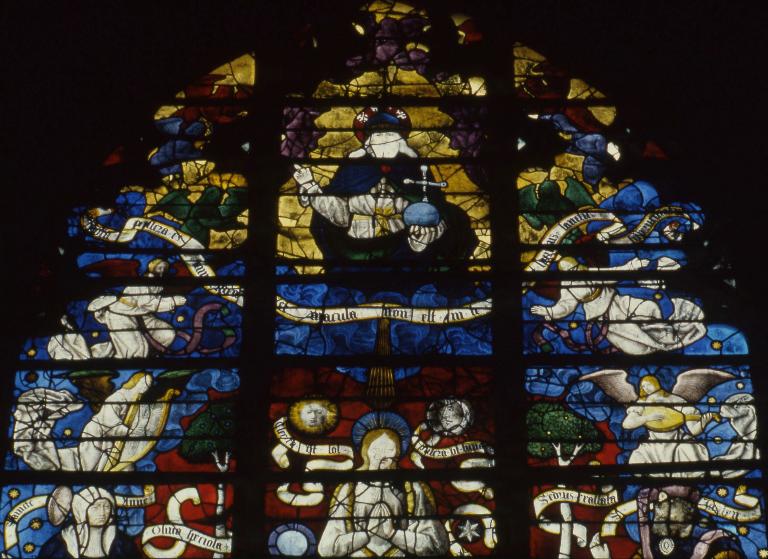Verrière figurée (verrière mariale) : la Vierge des litanies, sainte Anne, saint Joachim, David, Salomon, les donateurs et leurs saints patrons (baie 13)