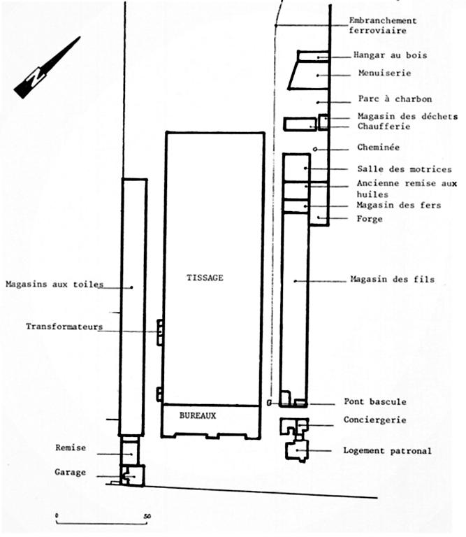 Plan masse du tissage d'après les états de sections du cadastre de 1935, feuille D2.