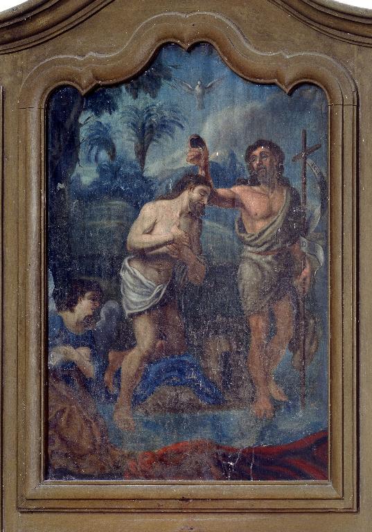 Tableau du retable des fonts baptismaux et son cadre : Le Baptême du Christ