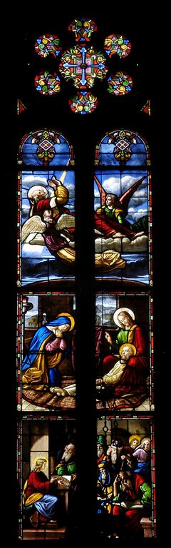 Ensemble de trois verrières légendaires (baies 6, 8, 10) : Episodes de la vie de saint Joseph
