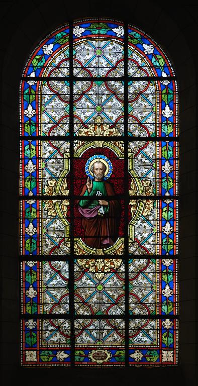 Ensemble de dix verrières figurées décoratives et quatre grisailles décoratives : Présentation de Marie au Temple, Présentation de Jésus au Temple, Saints (baies 1 à 14)