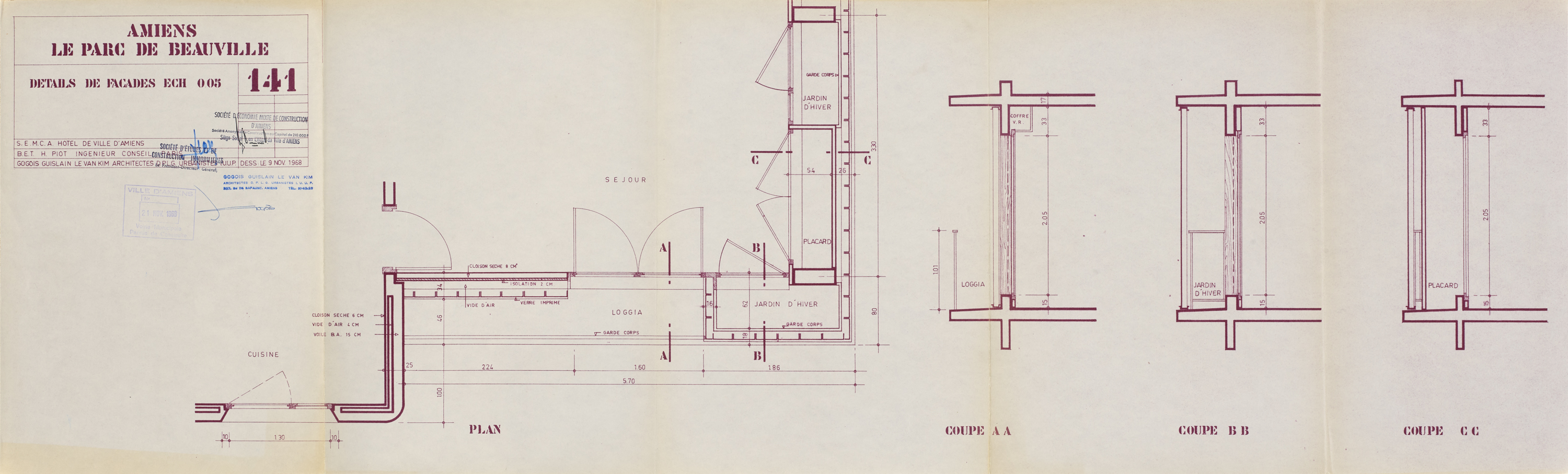 Coupes des façades, encre sur papier, GGK, 9 novembre 1968 (AM Amiens ; 3 O 4/1159).