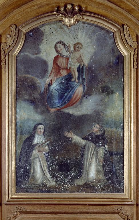 Paire de tableaux d'autel avec leur cadre : Saint Sébastien secouru par un ange, La remise du rosaire à saint Dominique de Guzman et sainte Catherine de Sienne (retables des chapelles de Saint-Sébastien et du Rosaire)