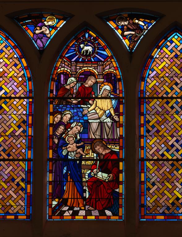 Ensemble des dix verrières figurées décoratives des bas-côtés (baies 5 à 14) : Scènes de la vie du Christ et de la Vierge ; scènes de la vie de saint Jean-Baptiste ; martyre de saint Sébastien ; saint Louis rendant la justice