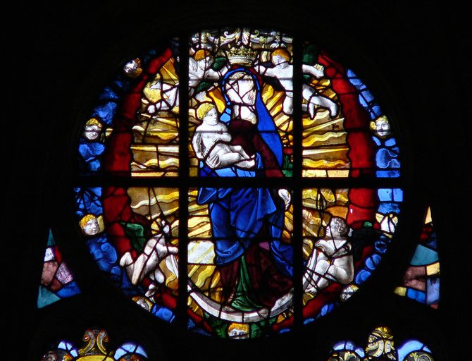 Verrière à personnages : saint Quentin, saint Michel, saint Jean-Baptiste, l'Immaculée Conception (baie 100)