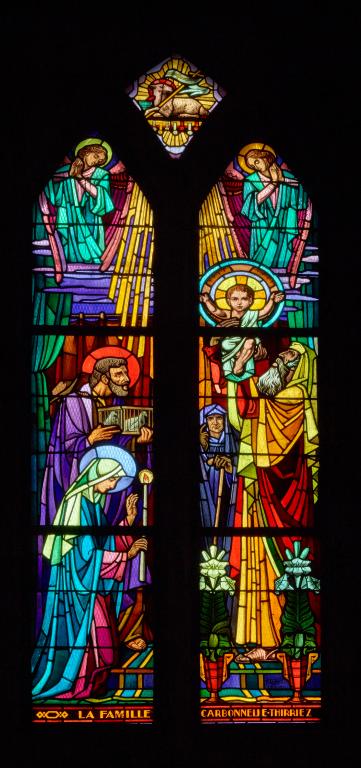 Ensemble de cinq verrières historiées de la chapelle Notre-Dame-de-Pitié : scènes des sept douleurs de la Vierge