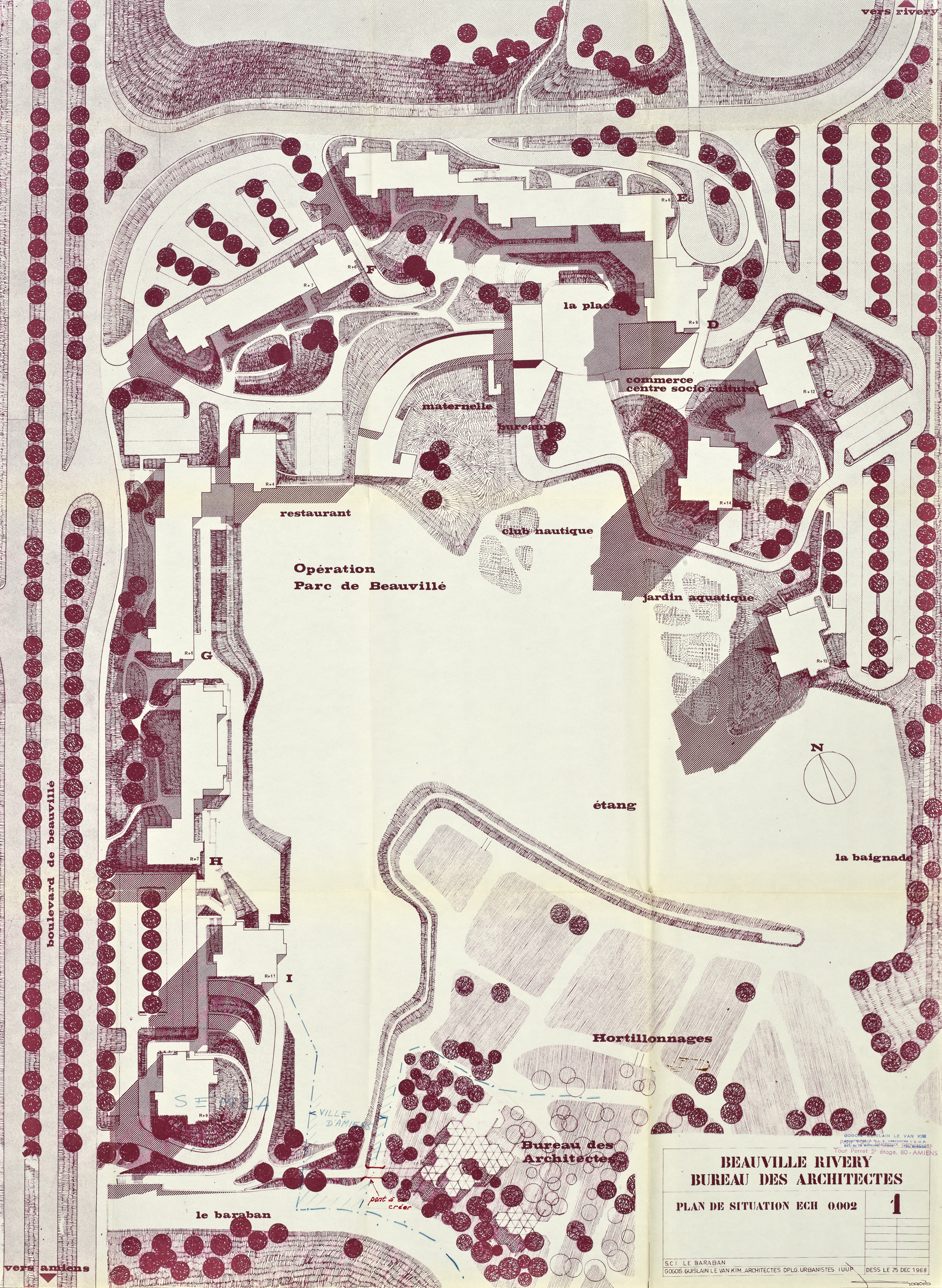 Plan de masse du projet, encre sur papier, GGK, 25 décembre 1968 (AM Amiens ; 3 O 4/1159).