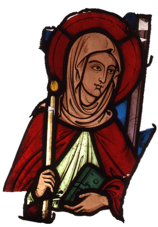 Ensemble des cinq verrières de la chapelle des Œuvres : le baptême de Clovis, saints et saintes de l'histoire du Soissonnais, armoiries des évêques (baies 0 à 2, 4, 6) (détruit)