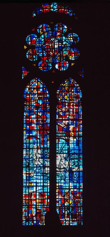 Ensemble de cinq verrières figurées décoratives : Vies de saint Denis et saint Lucien (baies 9, 11, 13, 16 et 18)