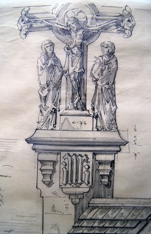 Le décor sculpté de la clôture de l'enclos funéraire de la famille de Berny : Calvaire, la Vierge de Pitié