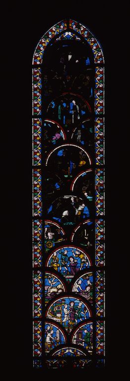 Verrière légendaire (verrière hagiographique) : scènes de la vie de saint Etienne et invention de ses reliques (baie 0)