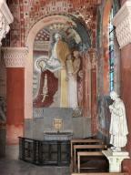 Ensemble des peintures monumentales du mur ouest de l'église : le Baptême dans l'Esprit Saint, le jugement particulier, saint Martin, sainte Jeanne d'Arc