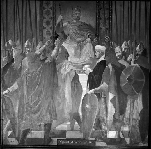 Suite de sept tableaux : Noviomagus, saint Médard, saint Eloi, Childéric II, Charlemagne, Hugues Capet, évêque Baudry