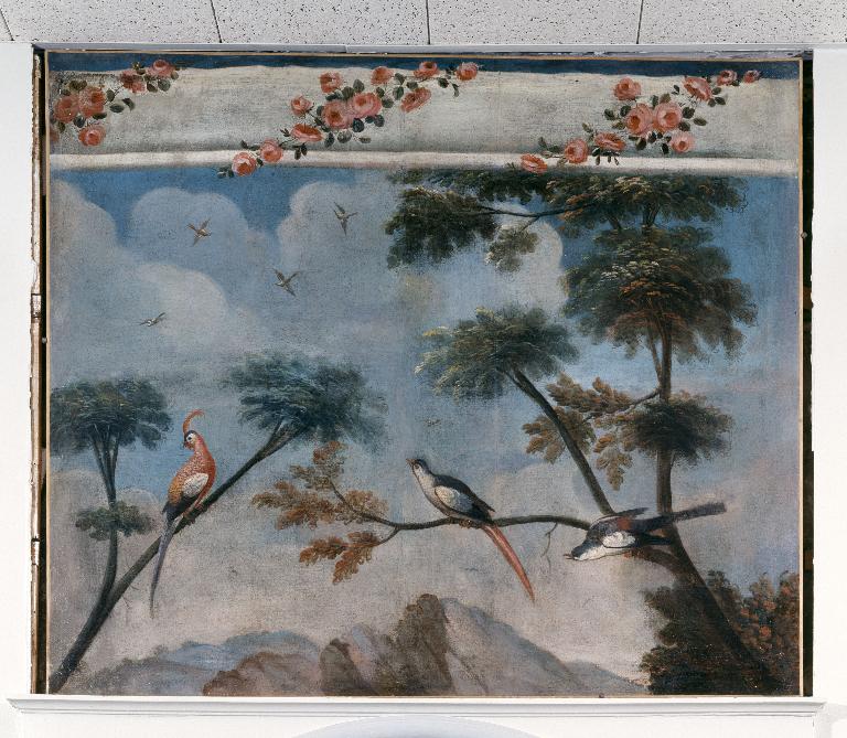 Paire de tableaux : paysage aux oiseaux