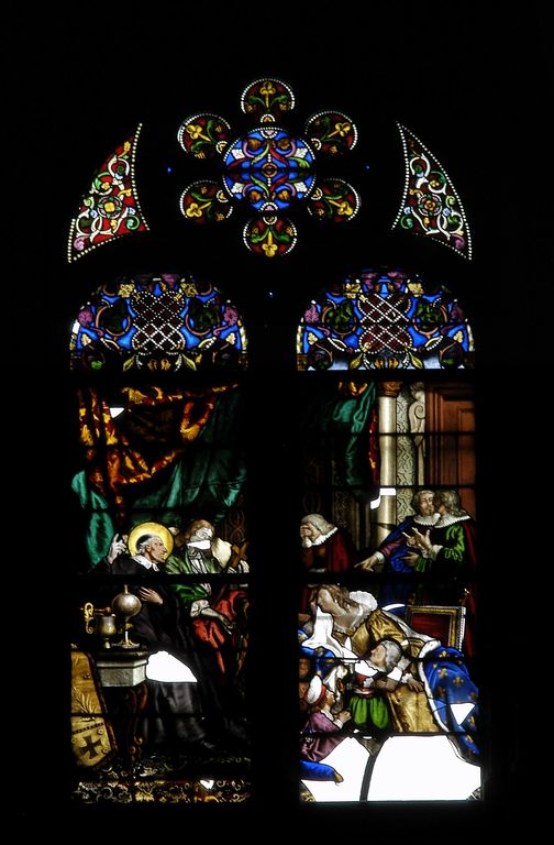 Ensemble de trois verrières figurées, dites vitrail tableau (baies 24 à 28) et de deux grisailles (baies 22 et 30) : Vie de saint Vincent de Paul