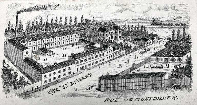 Vue cavalière de l'usine, détail de l'en-tête de lettre commerciale, avant 1914 (AD Somme ; 10 R 1276).