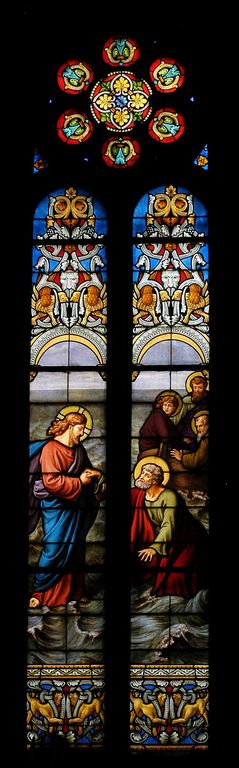 Ensemble de trois verrières figurées (baies 12, 14, 16) : Le Christ au lac de Tibériade