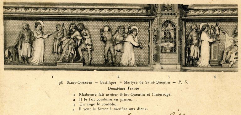 Suite des onze reliefs, de style néogothique, de la clôture de choeur : Apostolat et martyre de saint Quentin, invention et culte de ses reliques (seconde série)