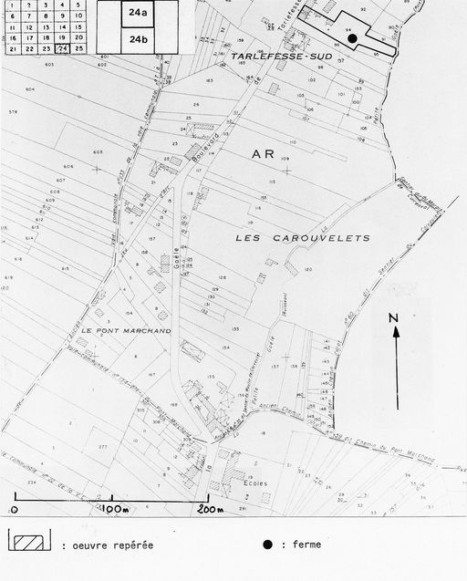 Carte d'enregistrement du repérage des fermes : faubourgs. Extrait du P.C.N. 1974, Noyon-Crisolles, coupure 24a, 1/2000e.